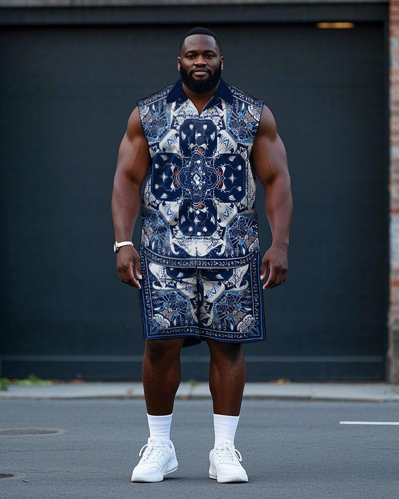 Big & Tall Geometric T-Shirt Shorts Set for big men view 1