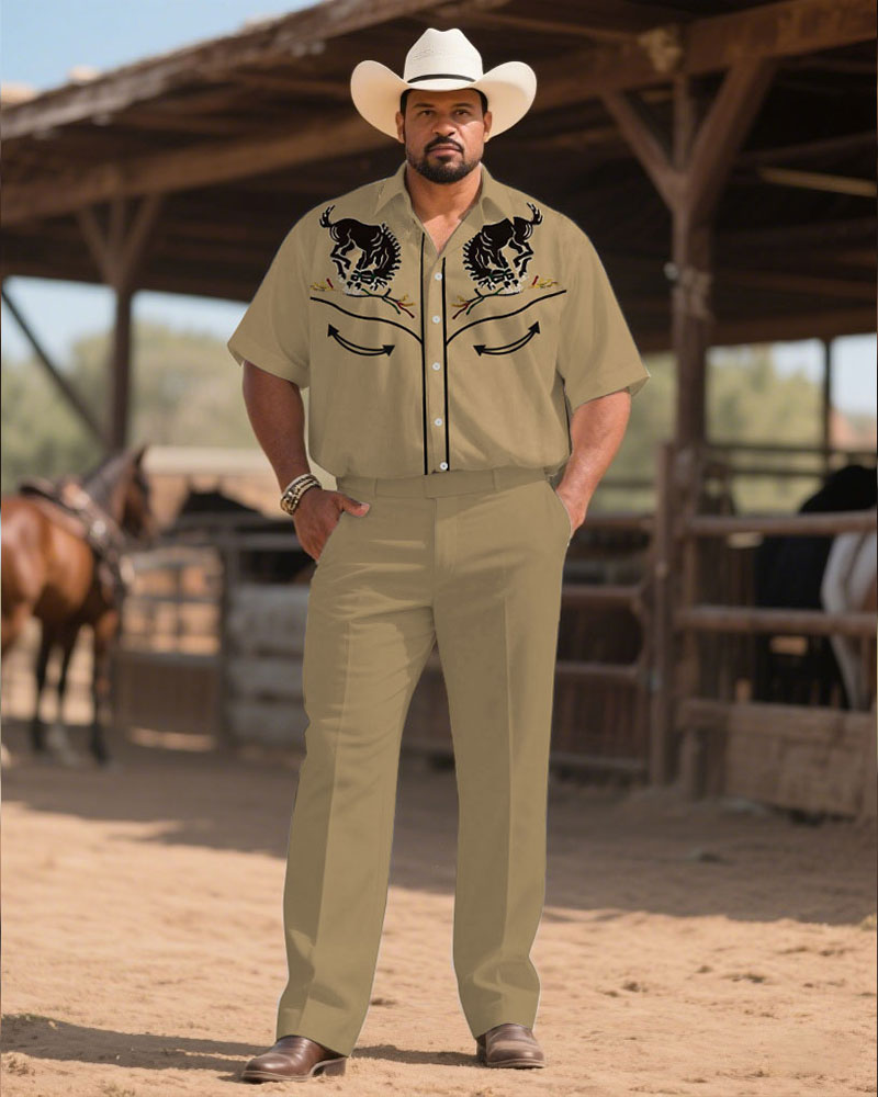 Big & Tall Khaki Western Denim T-Shirt Pants Set for big men view 1