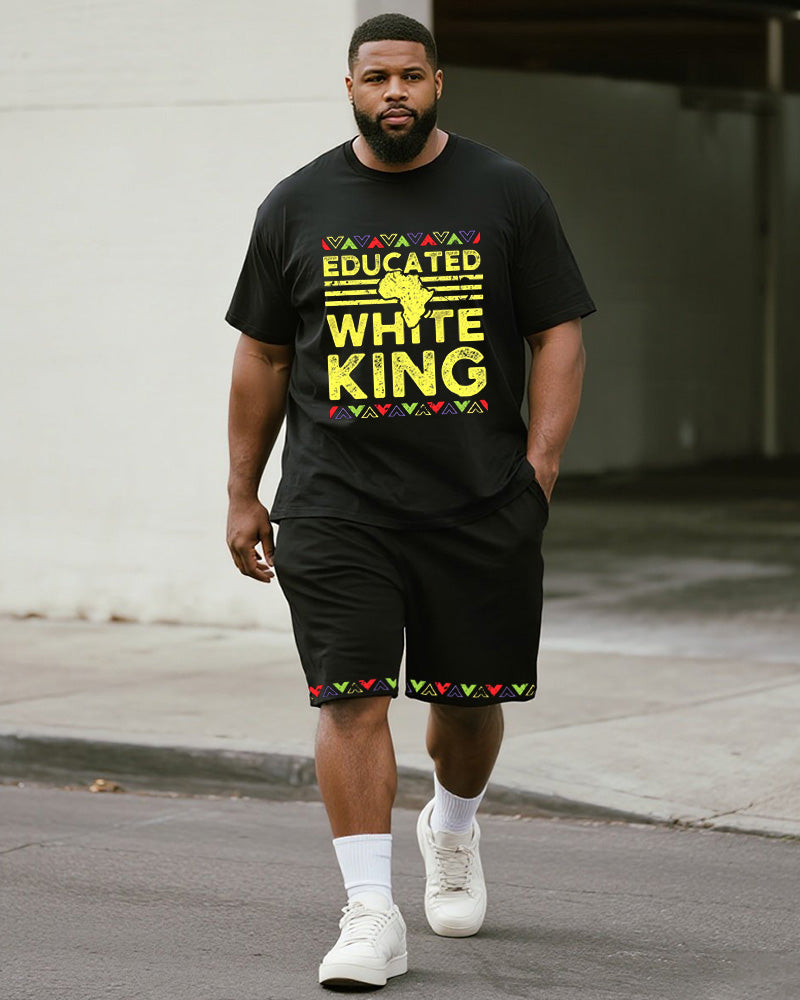 Big & Tall White Geometric Graphic T-Shirt Shorts Set for big men view 1