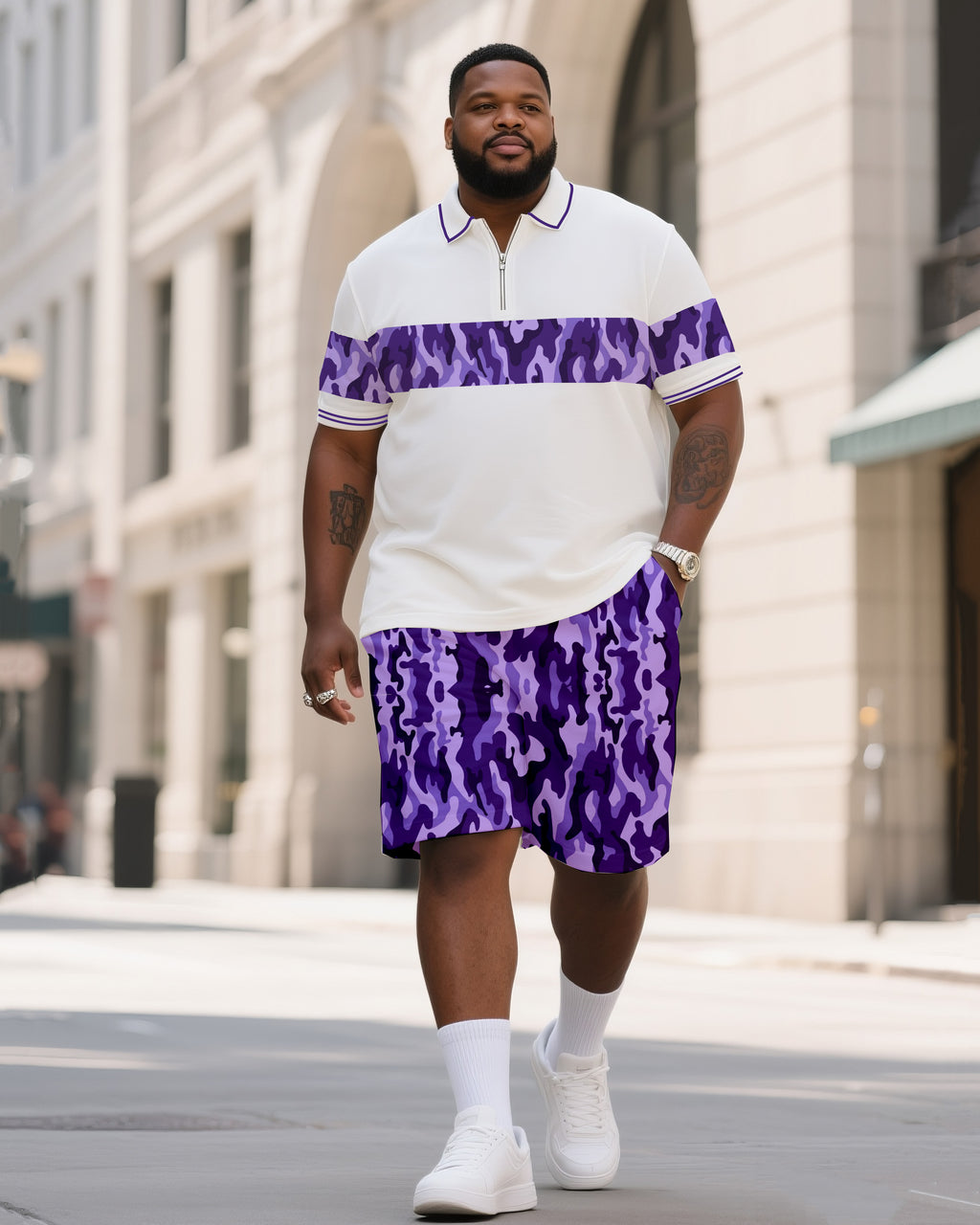 Big & Tall Striped Camouflage Polo Shorts Set for big men view 1