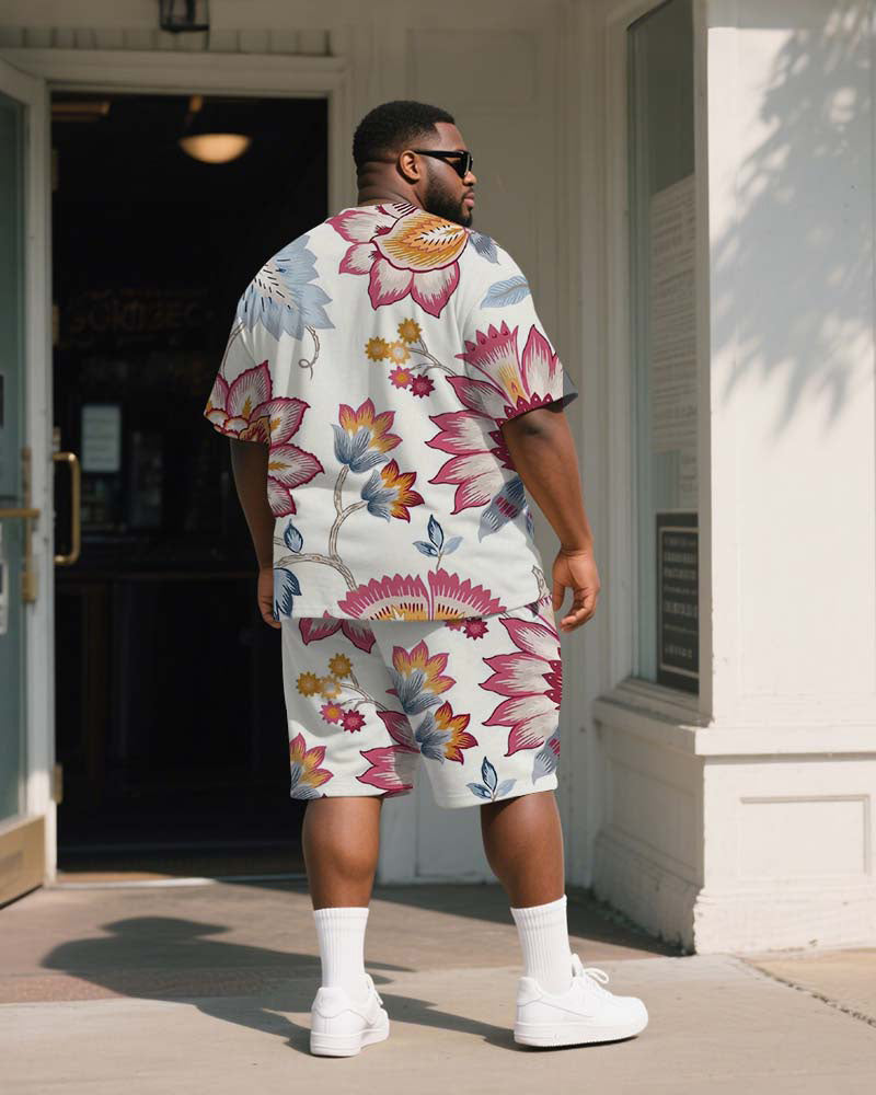 Big & Tall White Graphic Floral T-Shirt Shorts Set for big men view 4