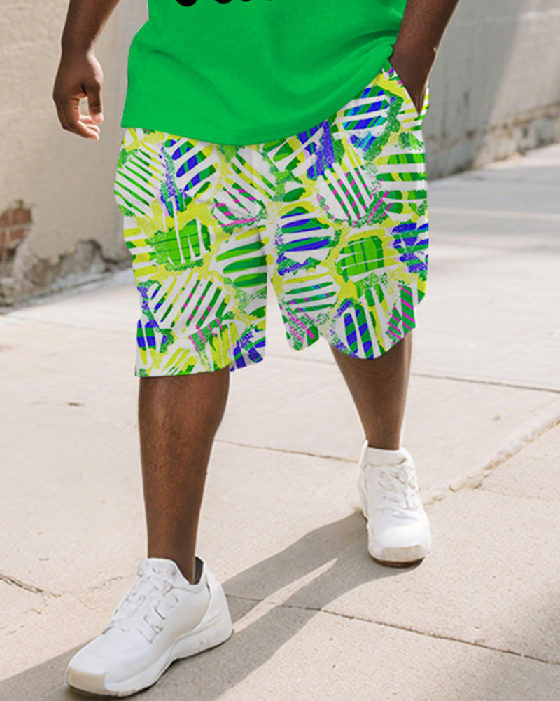 Big & Tall Green Graphic Graffiti T-Shirt Shorts Set for big men view 3