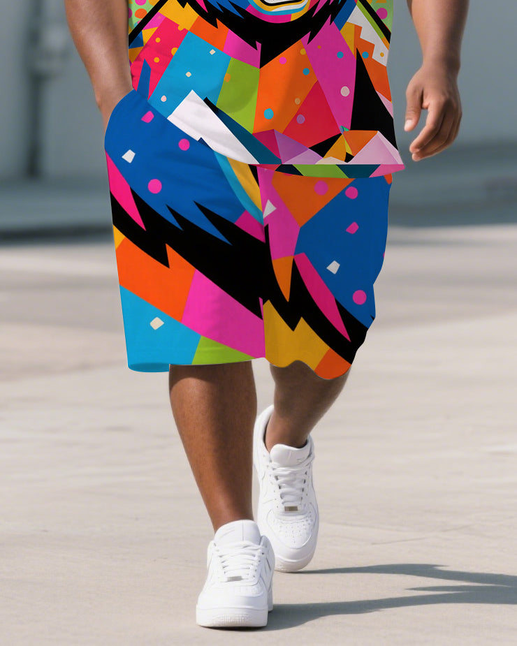 Big & Tall Colorblock Geometric Polo Shorts Set for big men view 3