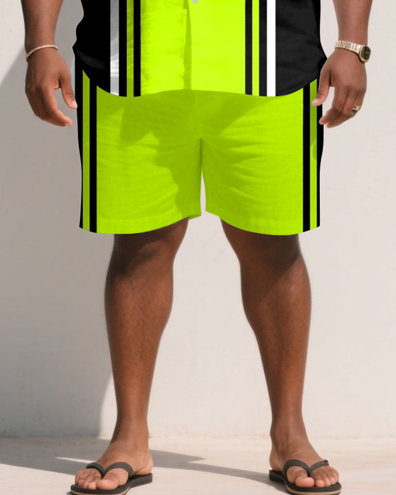 Big & Tall Black Green Colorblock T-Shirt Shorts Set for big men view 3