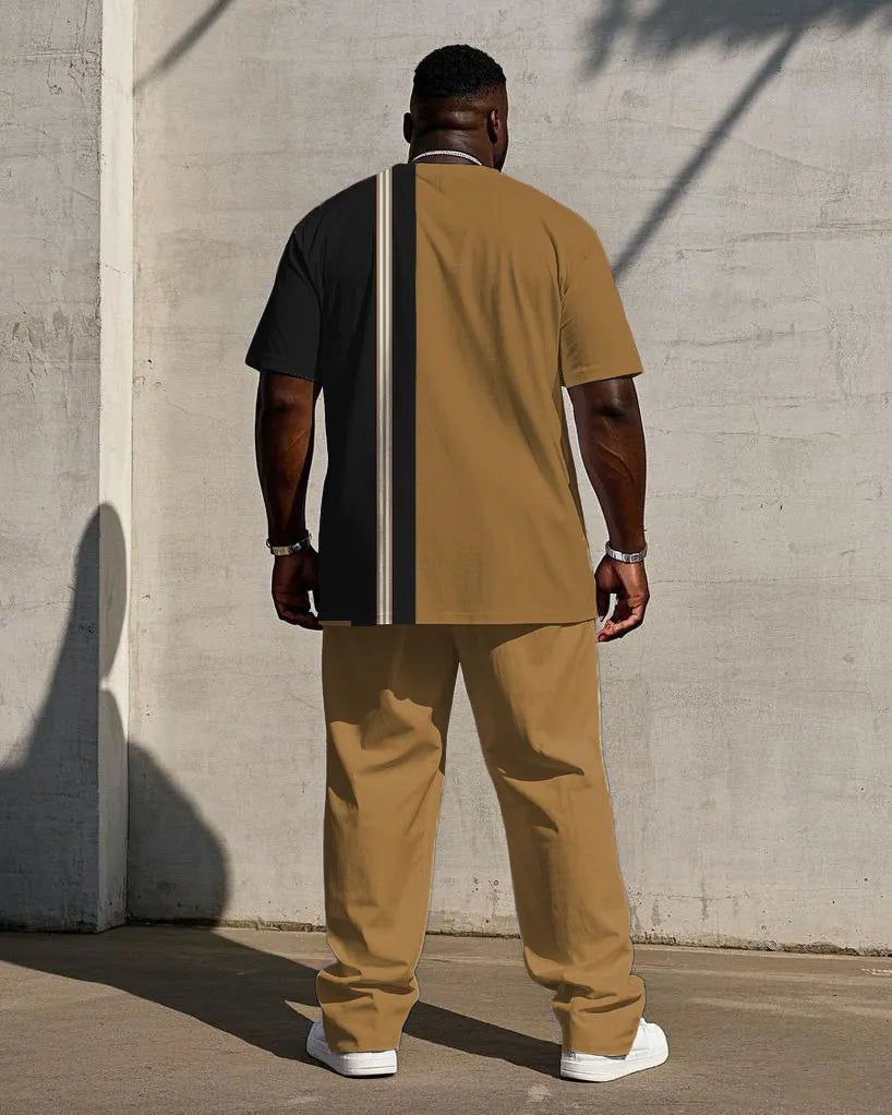 Big & Tall Black Khaki Striped T-Shirt Pants Set for big men view 4