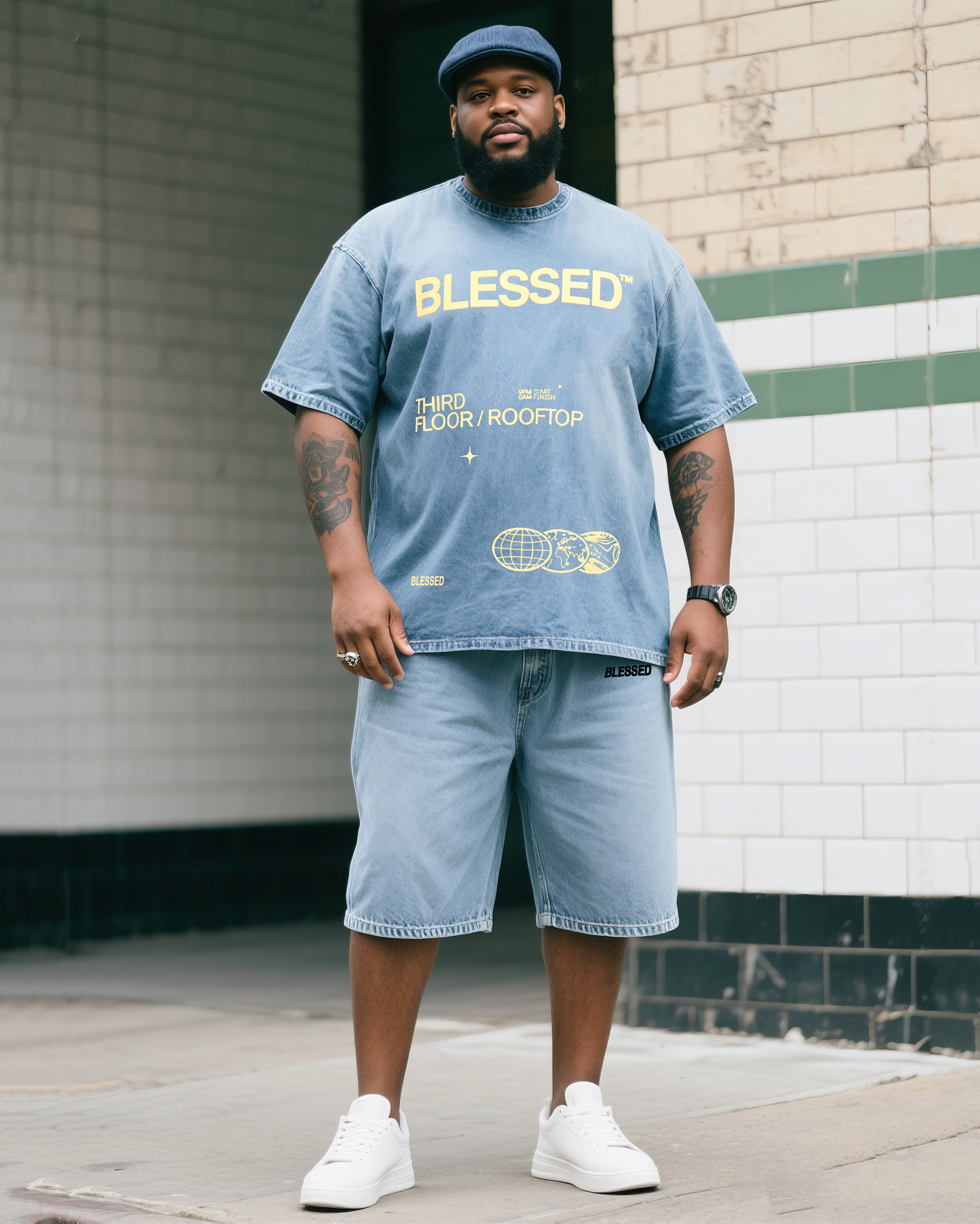 Big & Tall Denim Graphic T-Shirt Shorts Set for big men