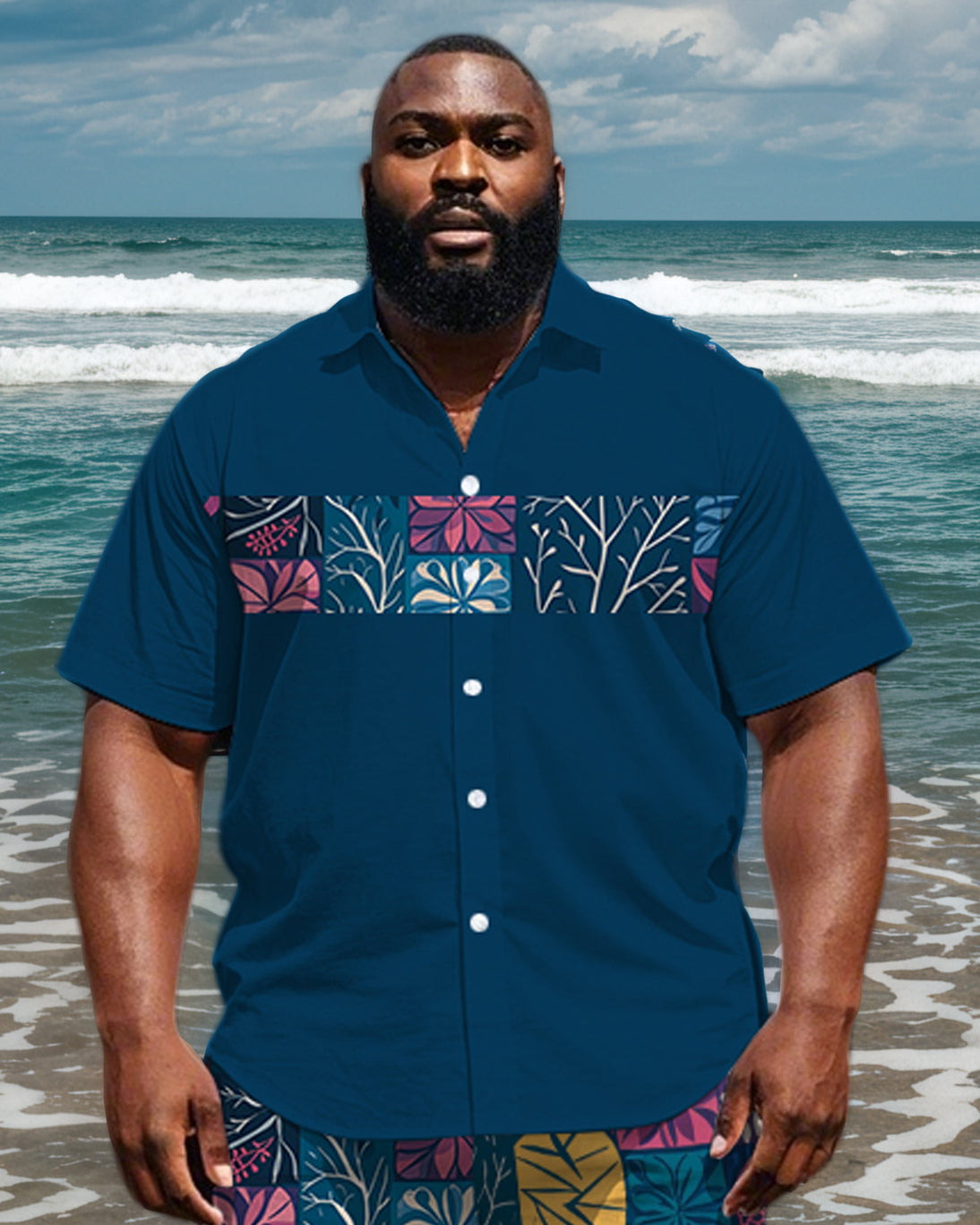 Big & Tall Colorblock Geometric T-Shirt Shorts Set for big men view 2