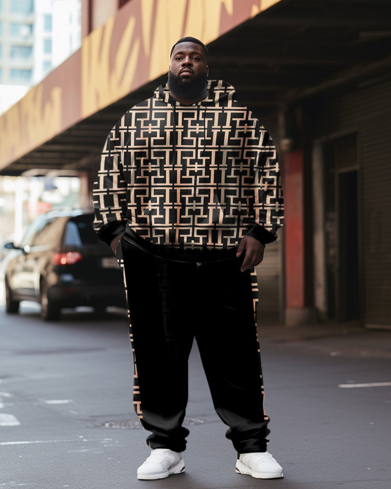 Big & Tall Brown Geometric Striped Hoodie for big men view 1