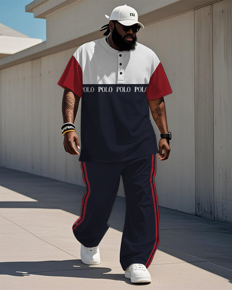 Big & Tall Blue Red Graphic T-Shirt Pants Set for big men view 1