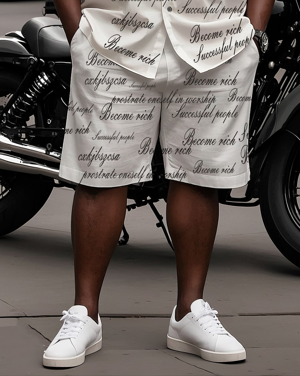 Big & Tall White Graphic T-Shirt Shorts Set for big men view 3