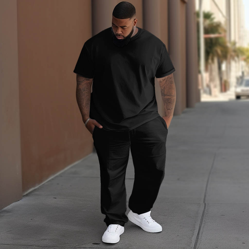 Big & Tall Black Solid Color T-Shirt Pants Set for big men view 2
