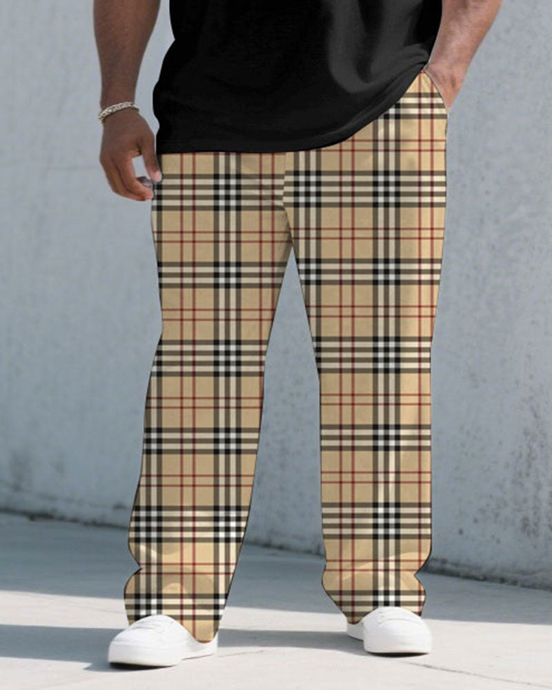 Big & Tall Black Khaki Plaid T-Shirt Pants Set for big men view 3