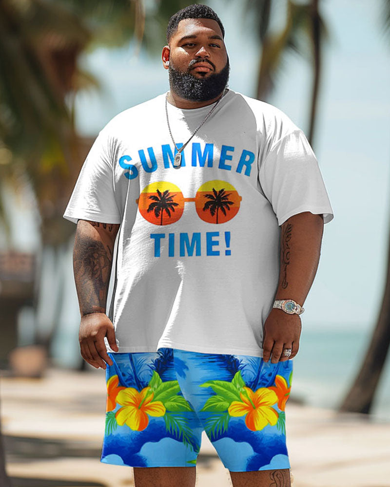 Big & Tall Hawaiian Graphic Floral T-Shirt Shorts Set for big men view 1