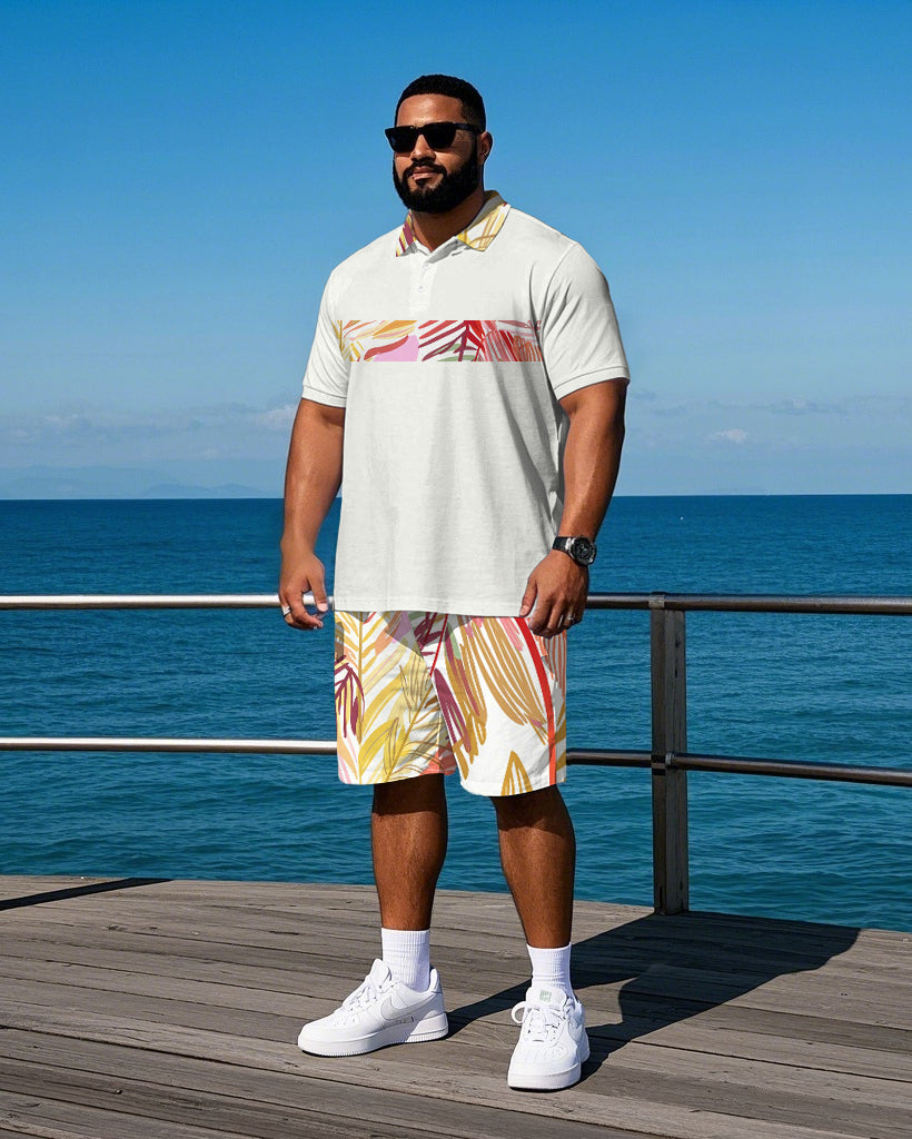 Big & Tall Tropical Striped Polo Shorts Set for big men view 1
