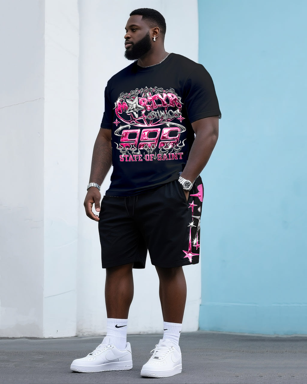 Big & Tall Pink Streetwear T-Shirt Shorts Set for big men view 1