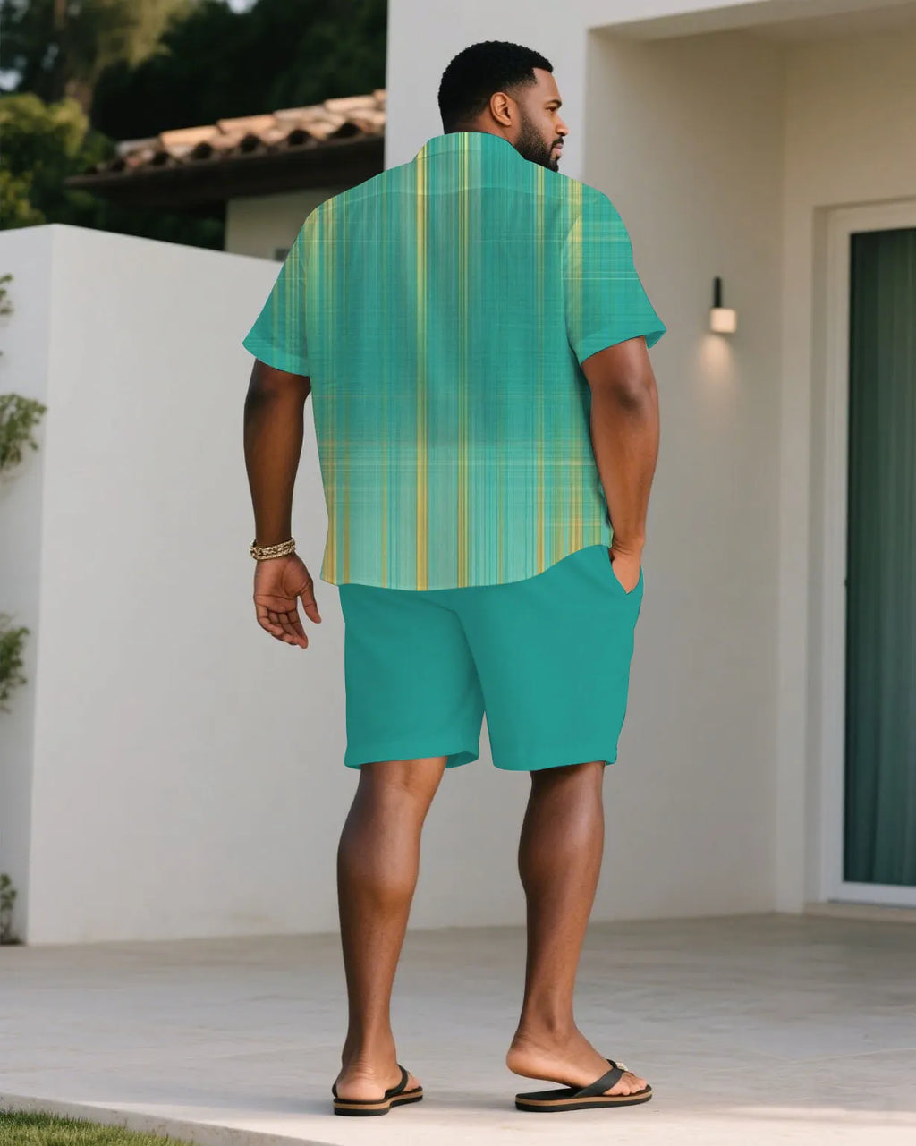 Big & Tall Green Yellow Graphic T-Shirt Shorts Set for big men view 4