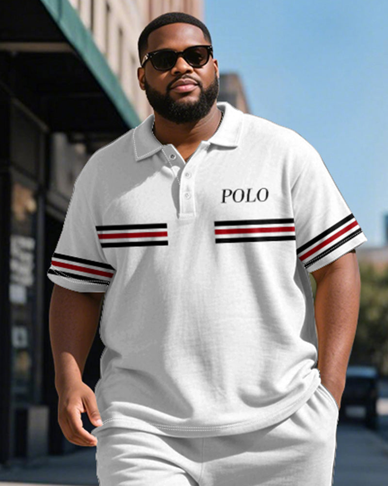 Big & Tall White Striped Graphic Polo Shorts Set for big men view 2