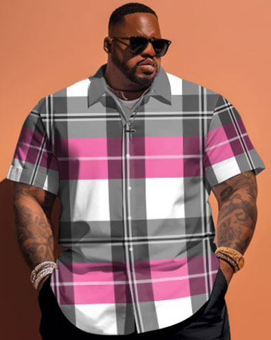 Big & Tall Pink Plaid Graphic T-Shirt Shorts Set for big men view 2