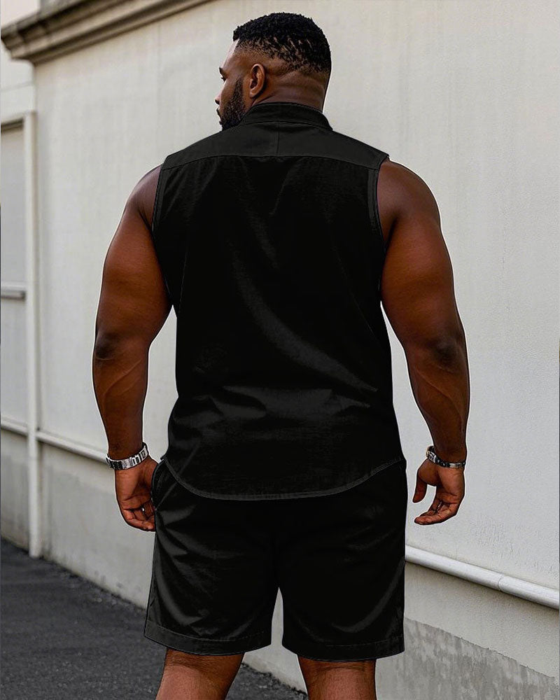 Big & Tall Black Red Colorblock T-Shirt Shorts Set for big men view 4