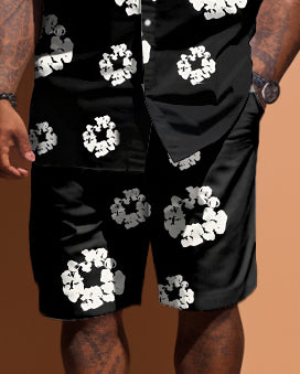 Big & Tall Denim Graphic Floral T-Shirt Shorts Set for big men view 3