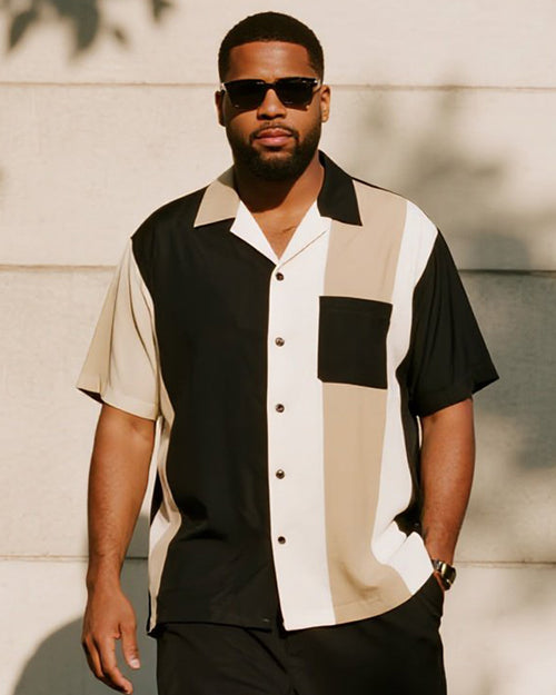 Big & Tall Black Colorblock Striped T-Shirt Pants Set for big men view 2