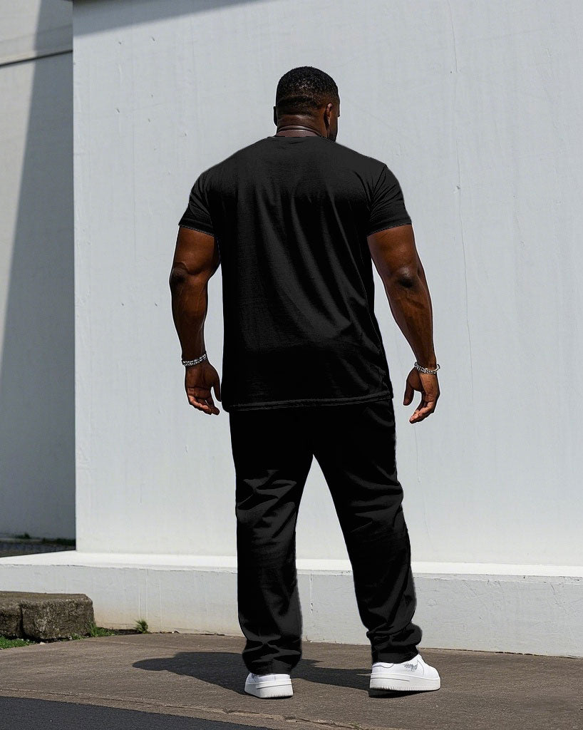 Big & Tall Black Green Streetwear T-Shirt Pants Set for big men view 4