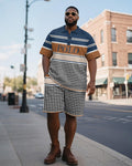 Big & Tall Blue Graphic Patchwork Polo Shorts Set for big men view 1