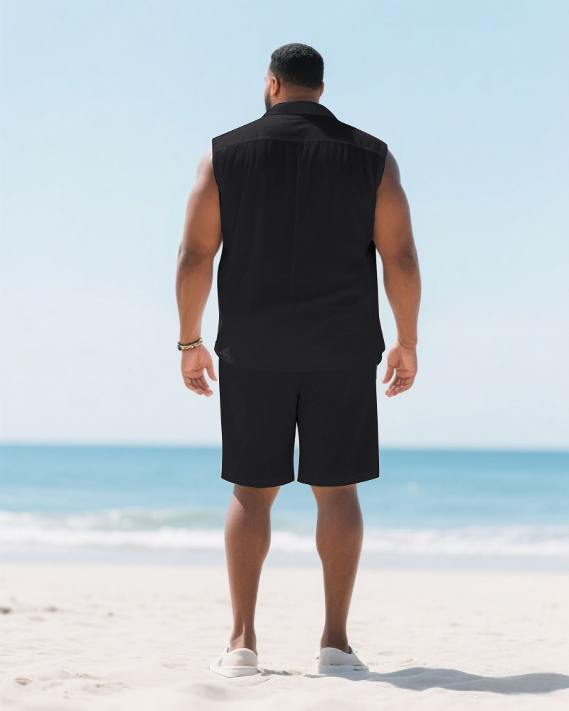 Big & Tall Black Hawaiian Graphic T-Shirt Shorts Set for big men view 4