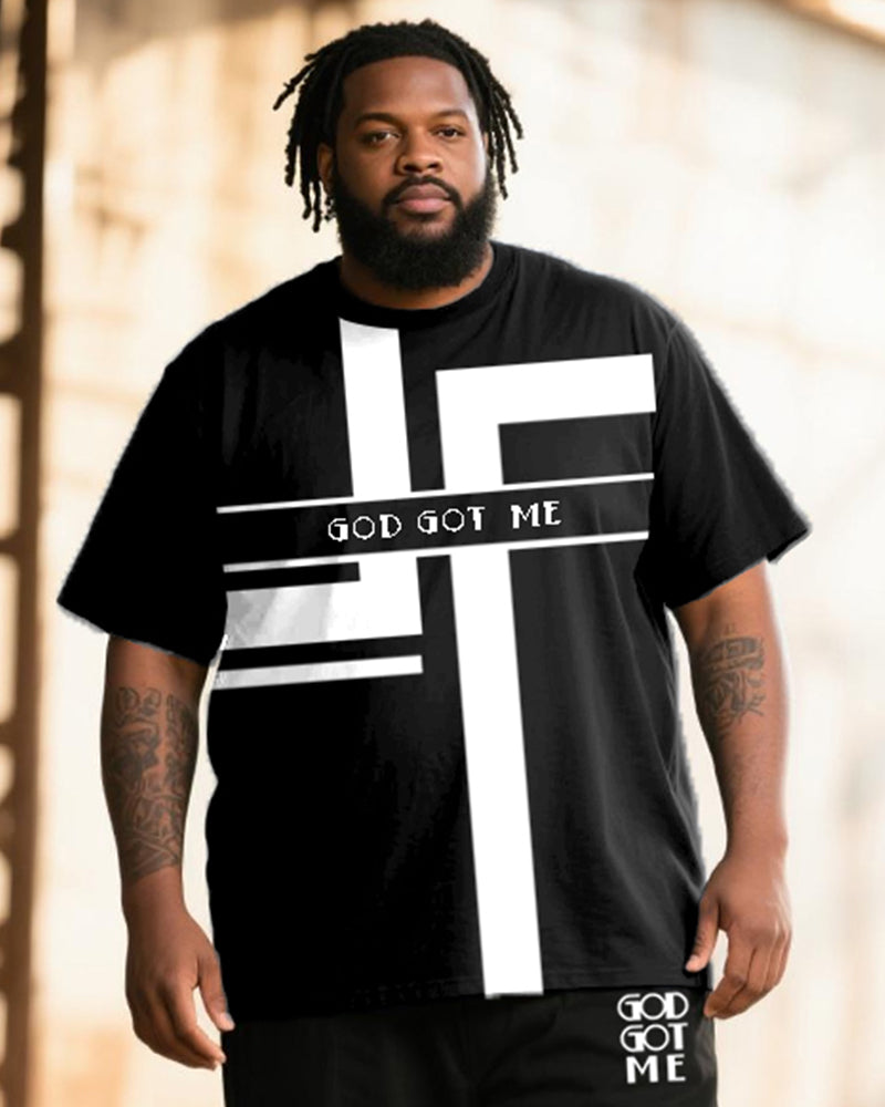 Big & Tall Black White Striped T-Shirt Pants Set for big men view 2