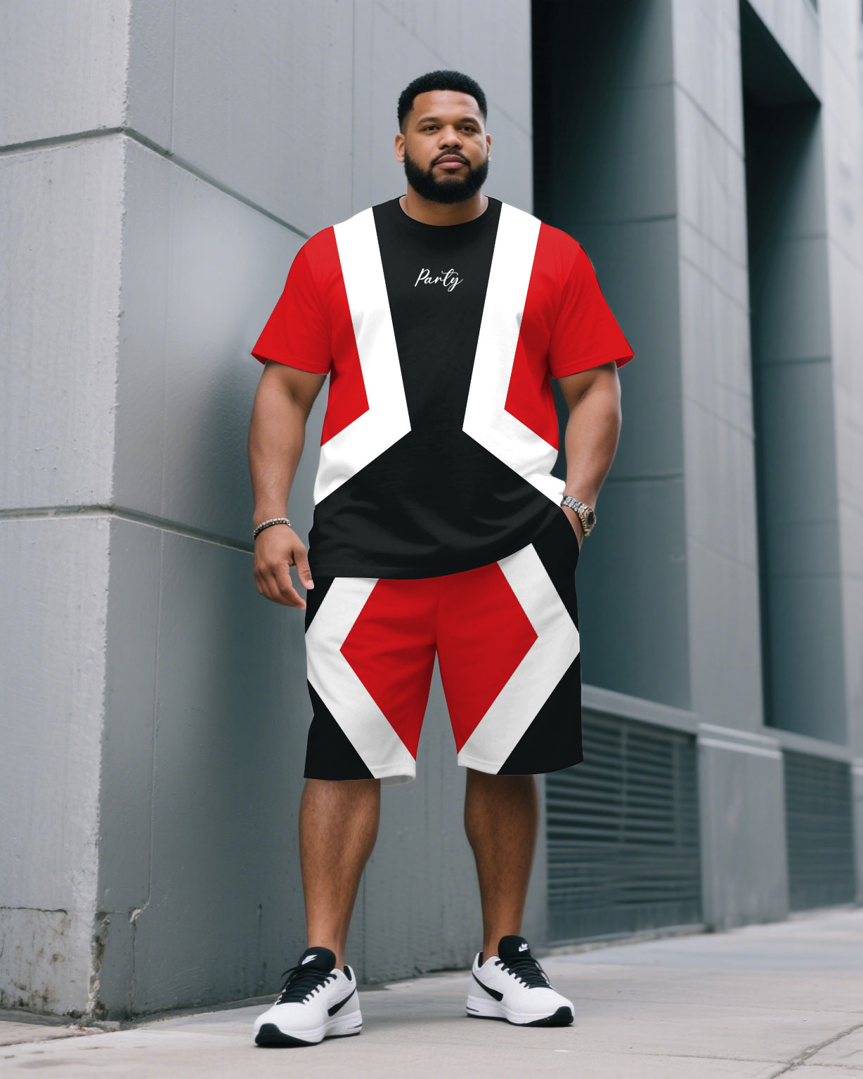 Big & Tall Black White Colorblock T-Shirt Shorts Set for big men view 1