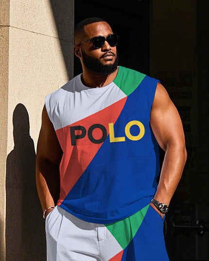 Big & Tall Blue Colorblock Graphic Vest Pants Set for big men view 2