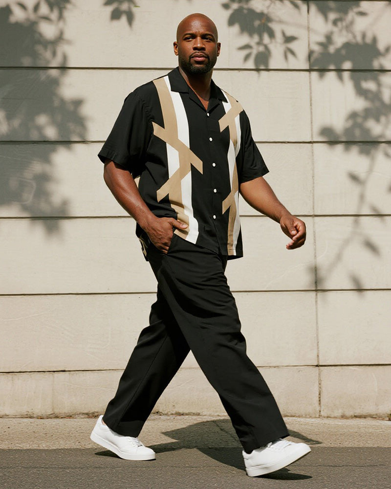 Big & Tall Black Khaki Geometric T-Shirt Pants Set for big men view 1