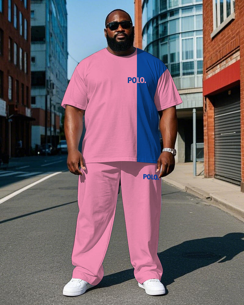 Big & Tall Blue Pink Colorblock T-Shirt Pants Set for big men view 1