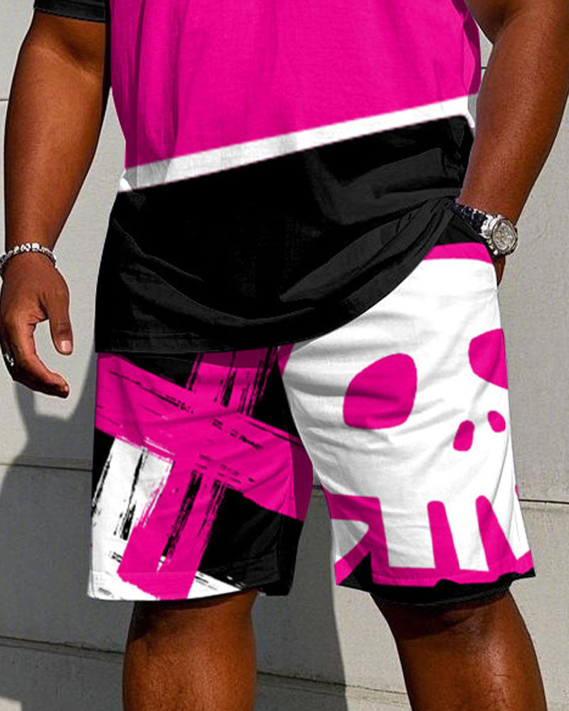 Big & Tall Black Pink Streetwear T-Shirt Shorts Set for big men view 3