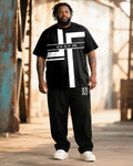Big & Tall Black White Striped T-Shirt Pants Set for big men view 1
