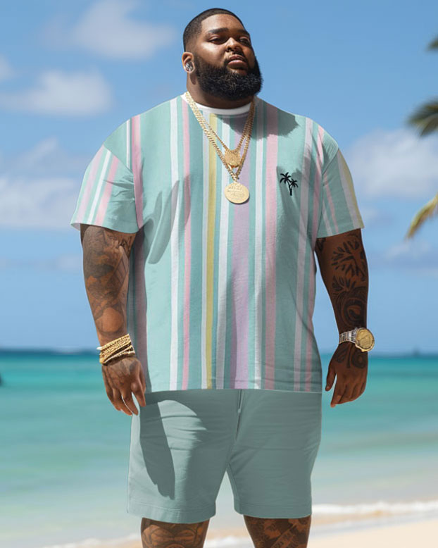 Big & Tall Hawaiian Striped T-Shirt Shorts Set for big men view 1