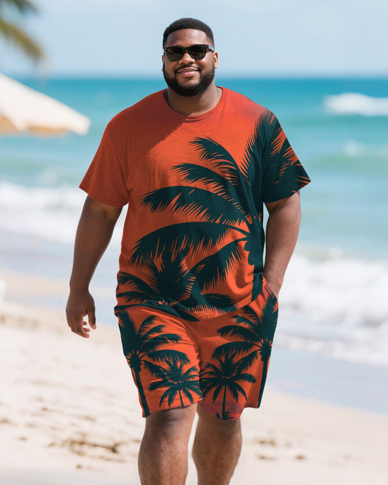 Big & Tall Orange Hawaiian Graphic T-Shirt Shorts Set for big men view 1