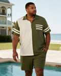 Big & Tall Green Striped Graphic Polo Shorts Set for big men view 1