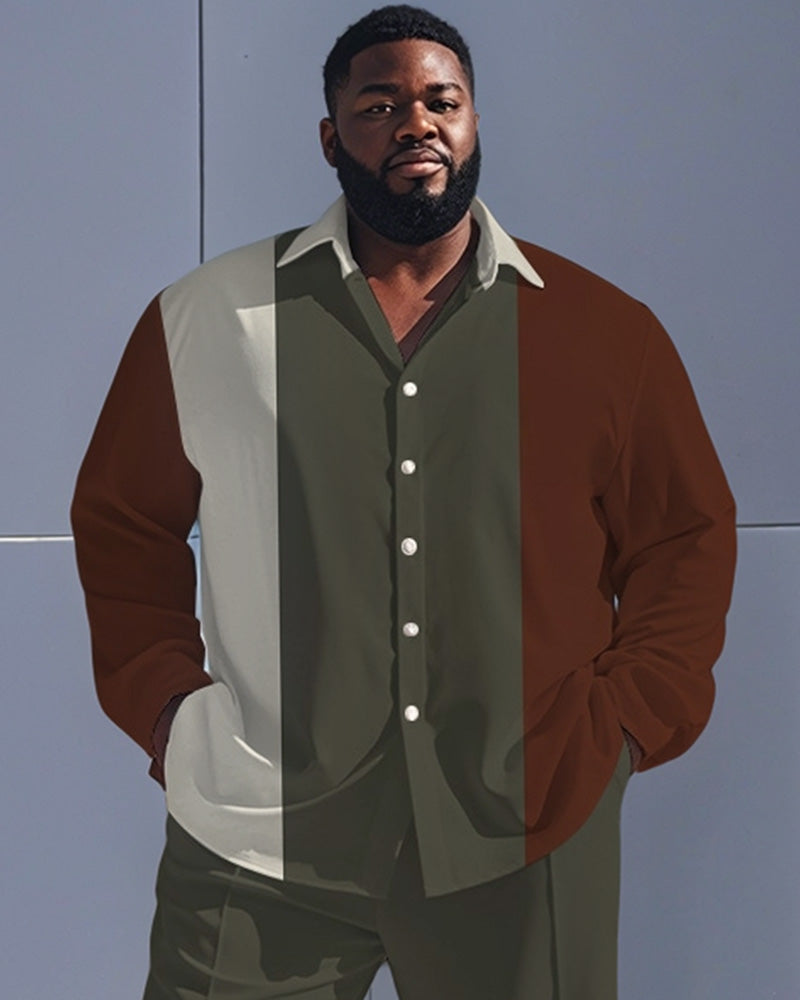 Big & Tall Brown Green Striped T-Shirt Pants Set for big men view 2