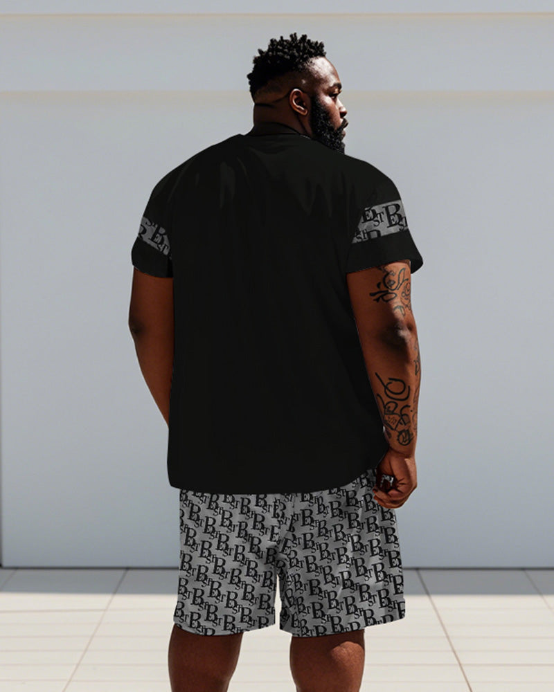 Big & Tall Black Striped Graphic T-Shirt Shorts Set for big men view 4
