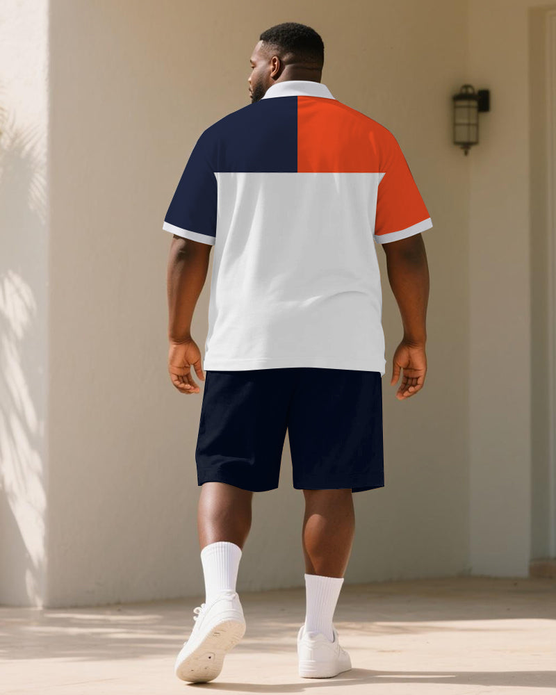 Big & Tall Blue Orange Colorblock Polo Shorts Set for big men view 4