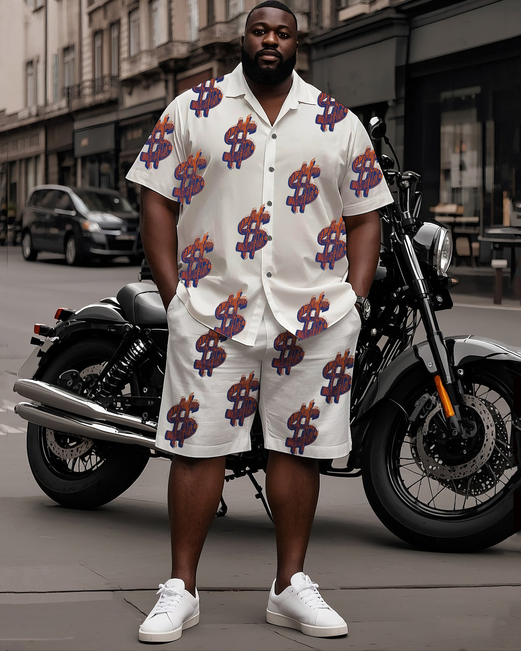 Big & Tall White Purple Graphic T-Shirt Shorts Set for big men view 1