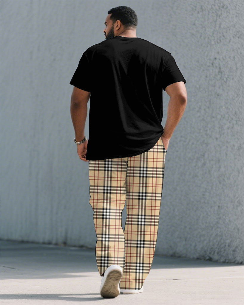 Big & Tall Black Khaki Plaid T-Shirt Pants Set for big men view 4