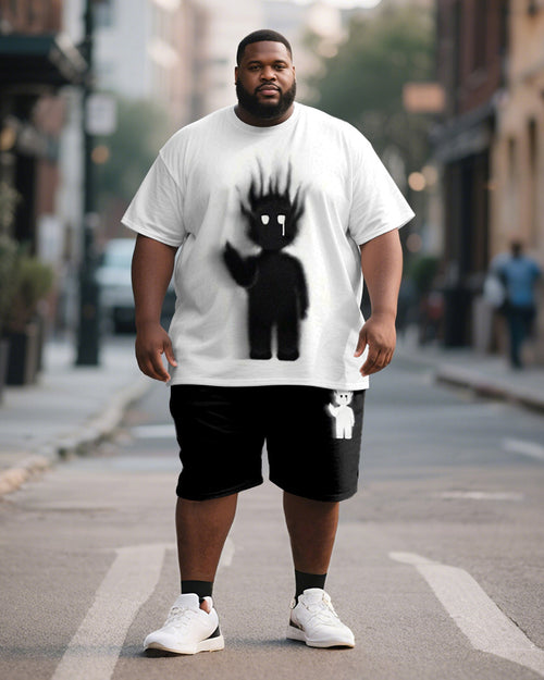 Big & Tall Black White Graphic T-Shirt Shorts Set for big men view 1
