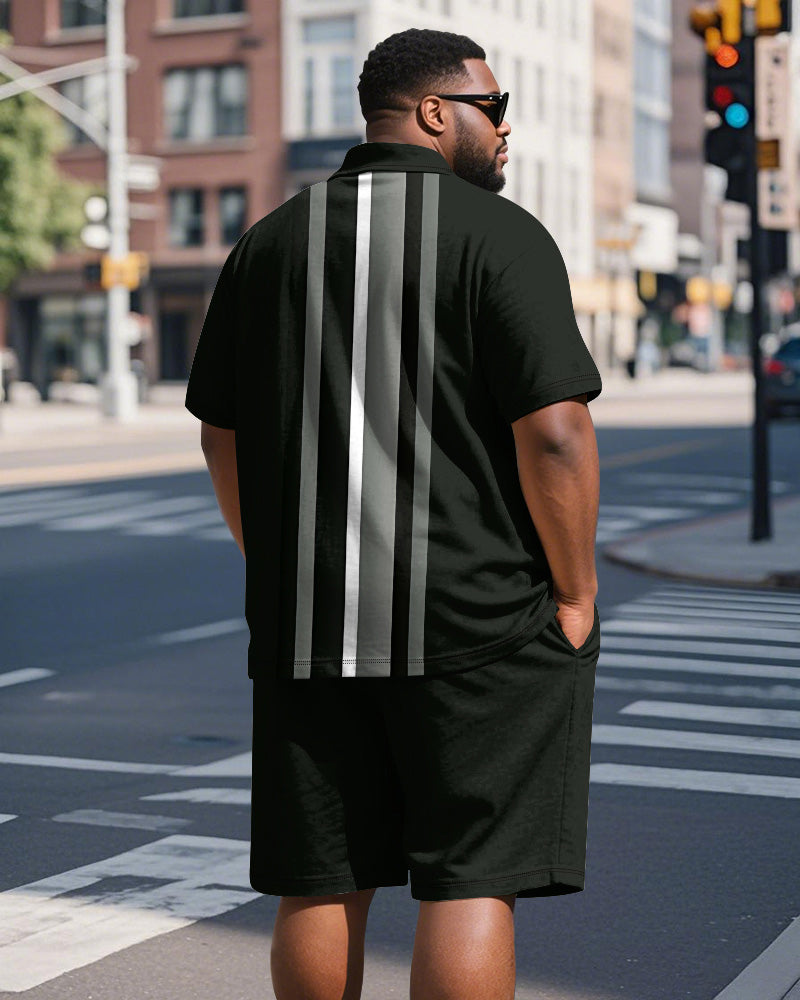 Big & Tall Black Striped Graphic Polo Shorts Set for big men view 5