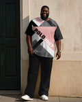 Big & Tall Black Pink Geometric T-Shirt Pants Set for big men view 1