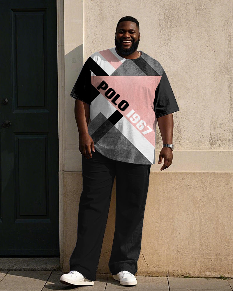 Big & Tall Black Pink Geometric T-Shirt Pants Set for big men view 1