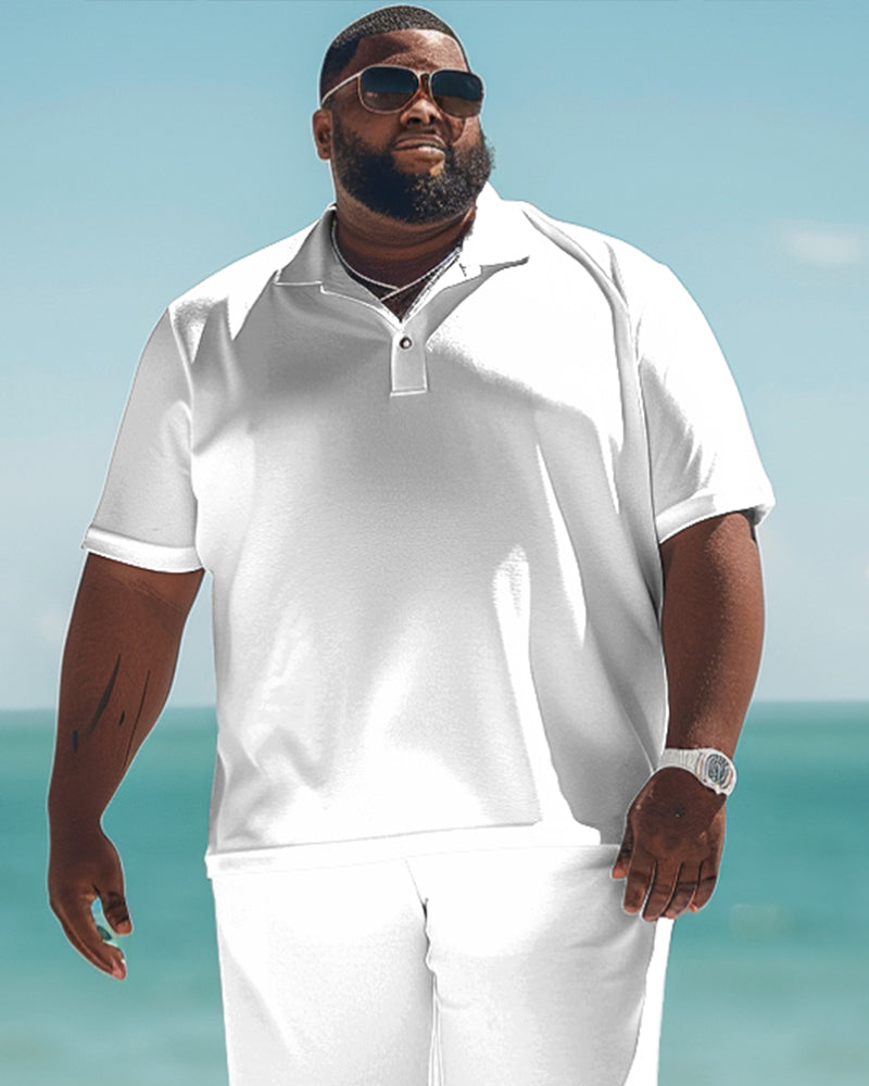 Big & Tall White Solid Color Polo Shorts Set for big men view 2