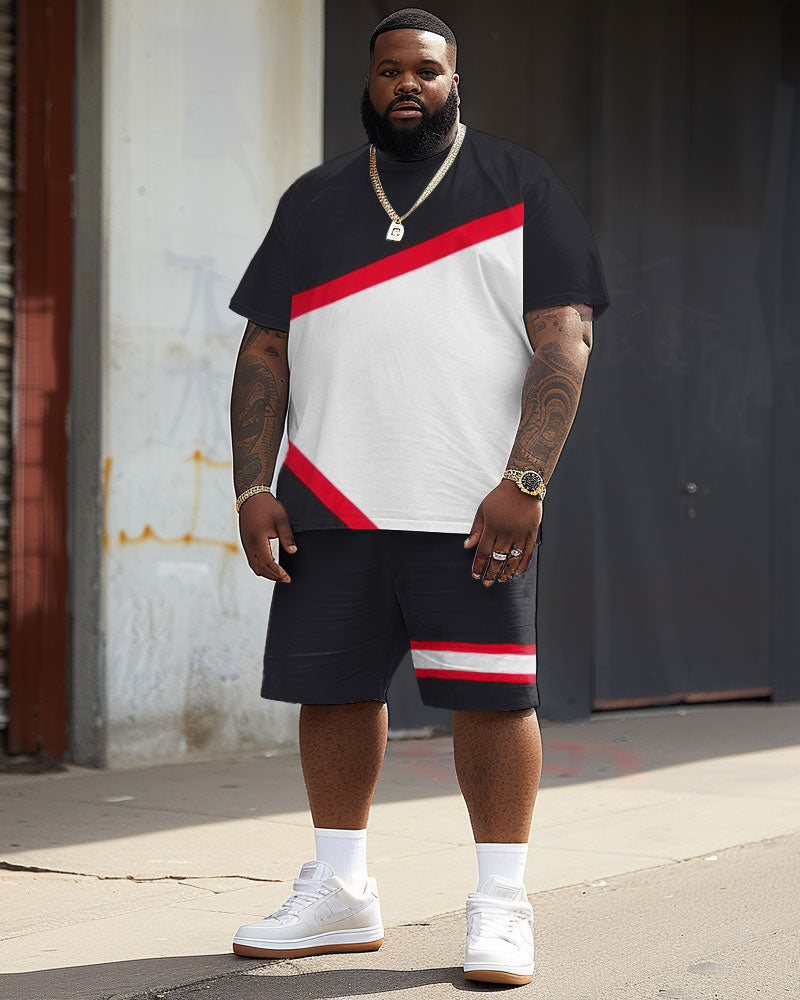 Big & Tall Red Colorblock Striped T-Shirt Shorts Set for big men view 2