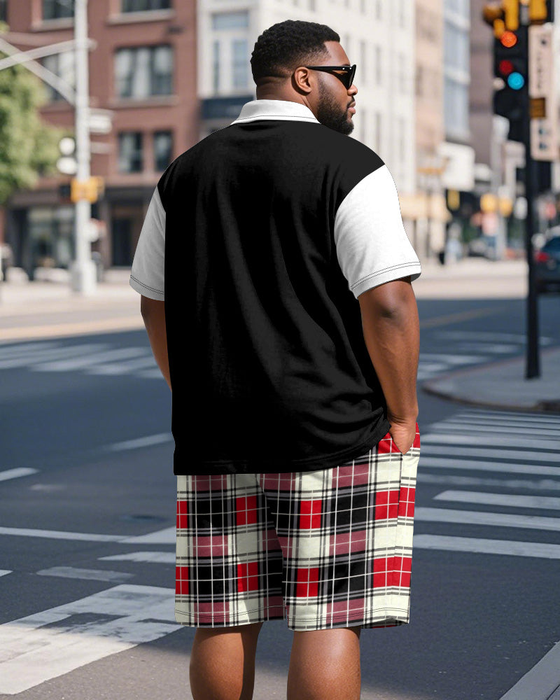 Big & Tall Black Red Colorblock Polo Shorts Set for big men view 5
